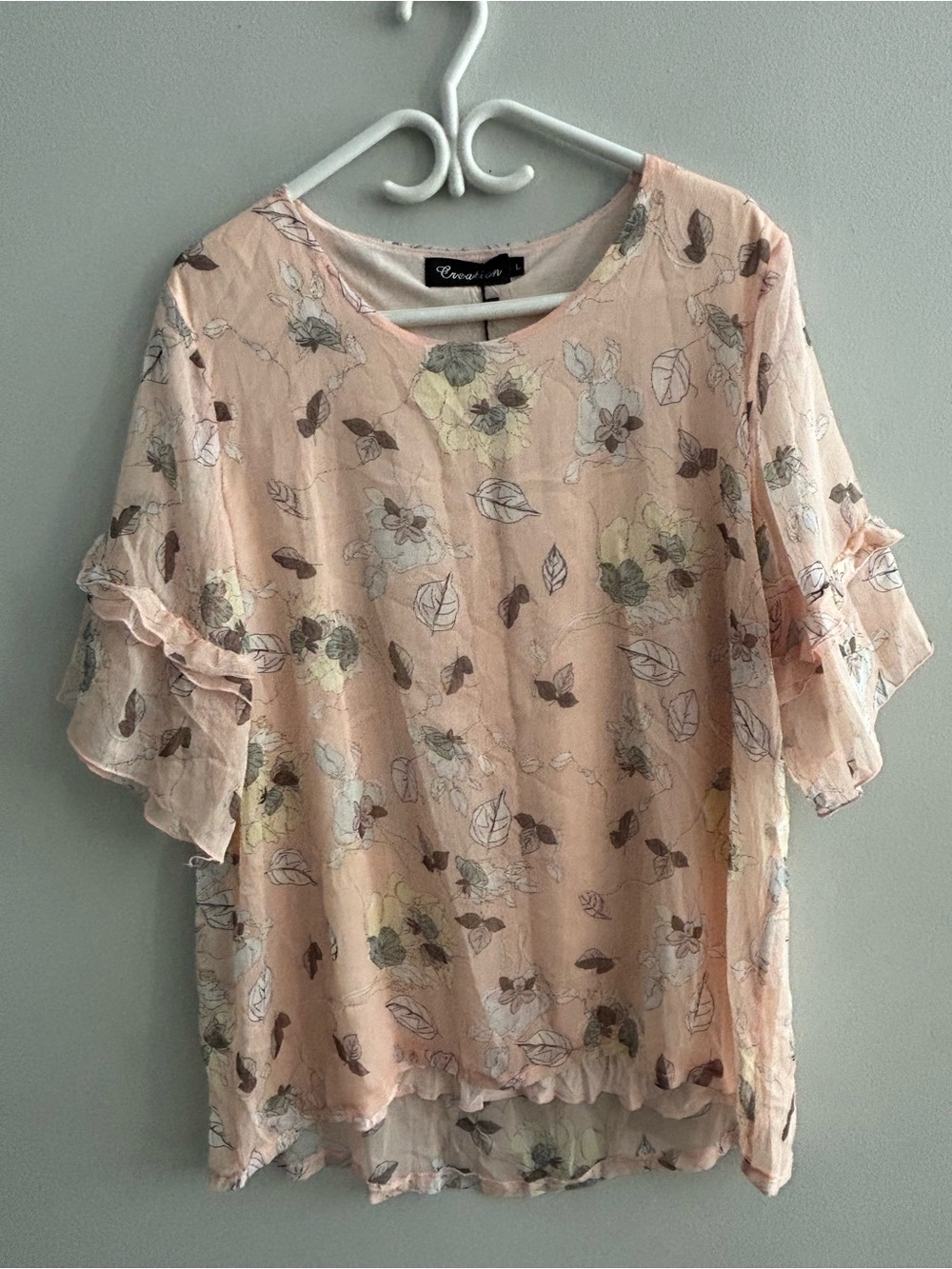 Creation Silk 70% Blend Blouse NWT Pink Chiffon Floral Ruffle Sleeve Top Large